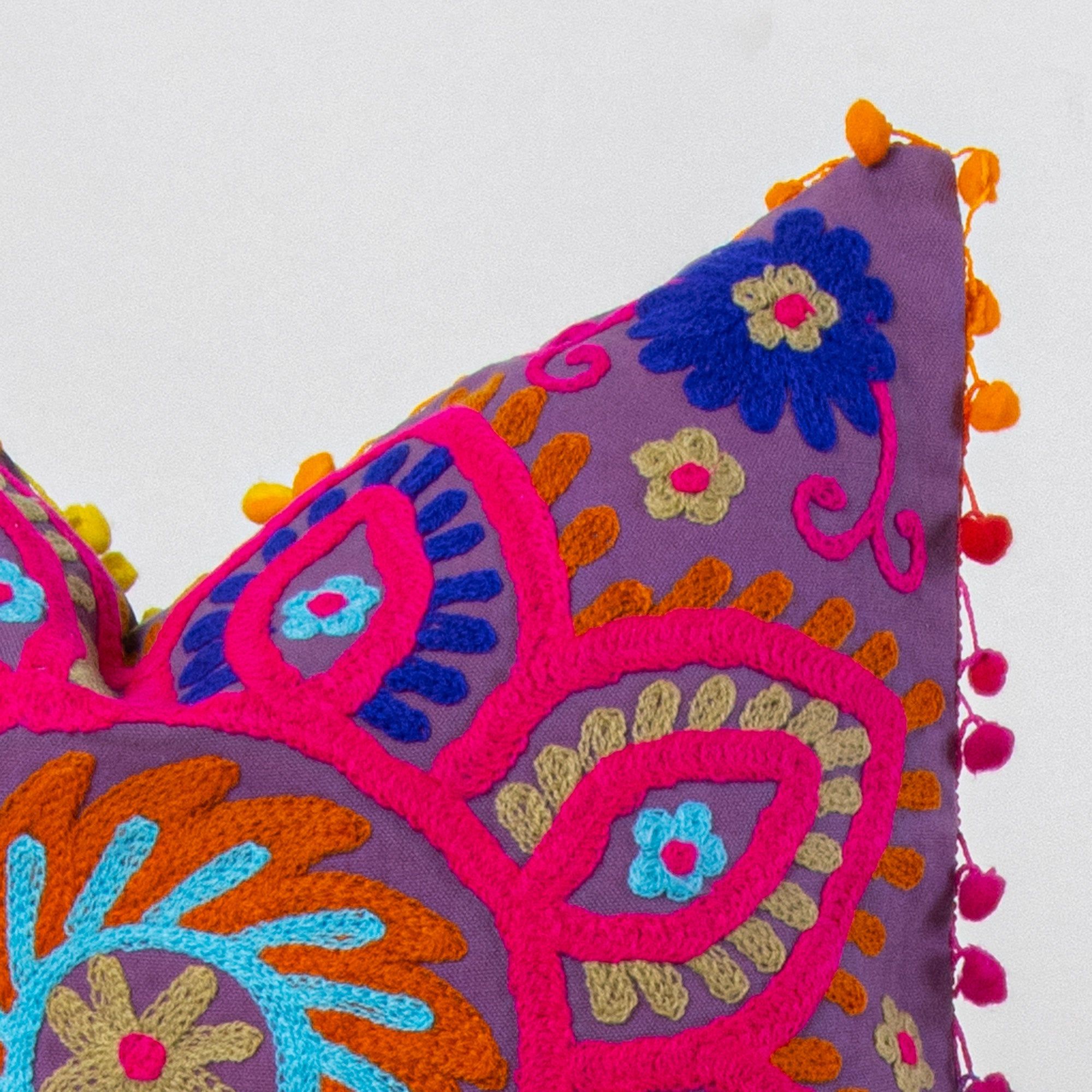 Pom Pom Embroidered Cotton Cushion Cover